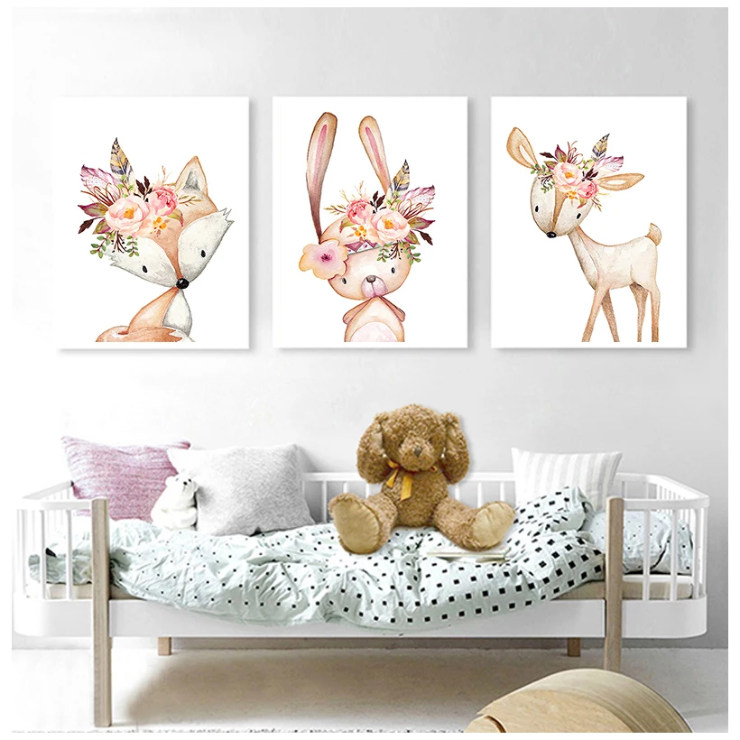 Flower Rabbit Canvas Painting Woodland Animals Poster Nordic Fox Deer Picture Baby Room Wall Art Canvas Pictures Nursery Prints