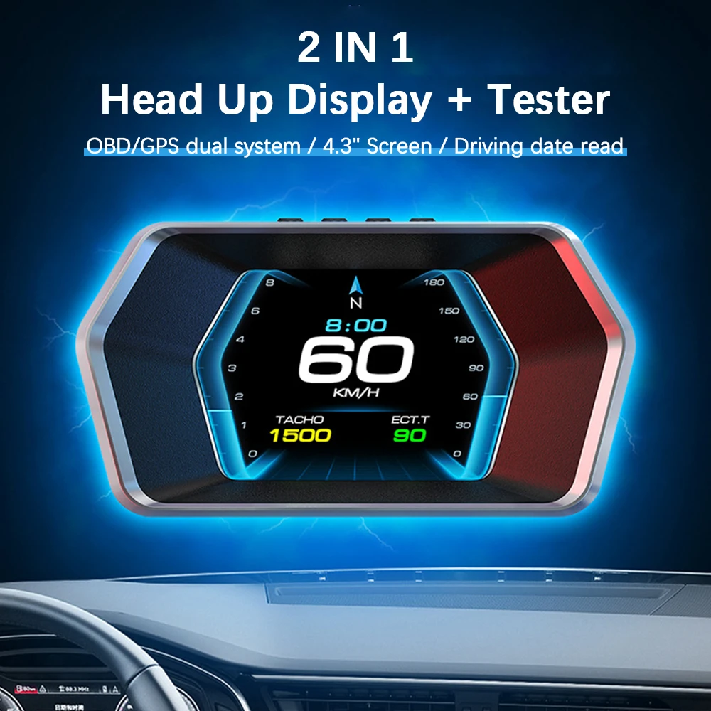 Car HUD Digital Clock KMH RPM Mileage Meter OBD GPS Head Up Display 4.3 Inch Speedometer P17 Multi Functional Overspeed Alarm