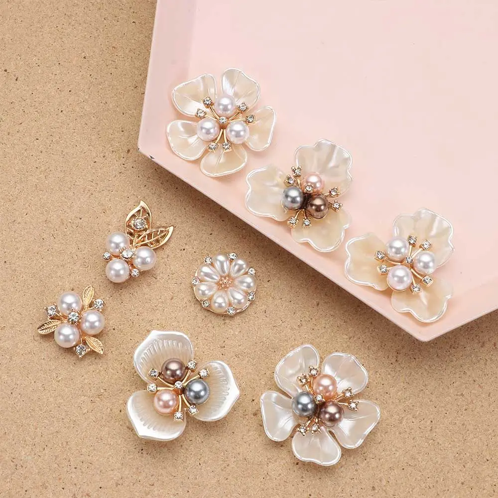 10PCS Crystal Pearl Flower Rhinestone Buttons Sparkling Crystal Hairpins Decoration Clothes Sewing Accessories