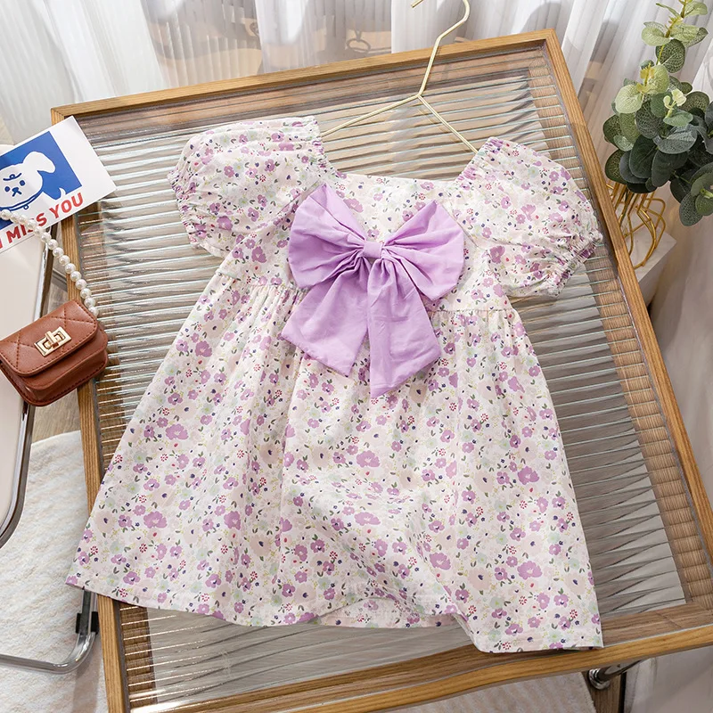 Summer Girls\' Dress New Children\'s Clothing Sweet Bubble Sleeves Fragmented Flower Princess Dress Cute Bow Puff Dress