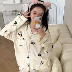 Kawaii Ins Pajamas Women's Spring Autumn New Simple Panda Long-sleeved Trousers Girl Loungewear Set Fashion Home Clothing Pijama