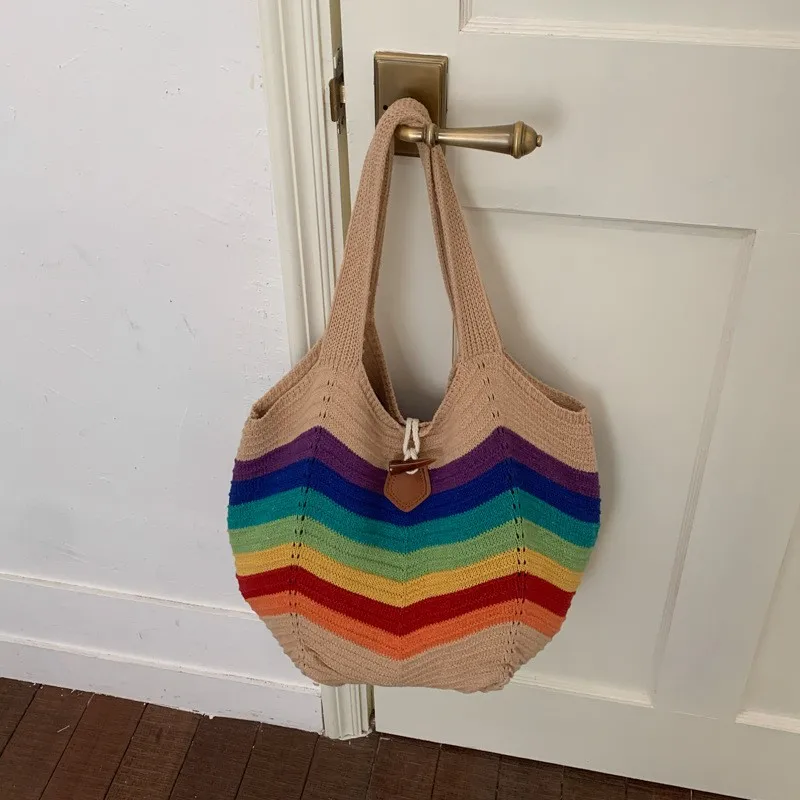 

Rainbow Striped Handmade Woven Shoulder Bag Retro Horn-button Vacation Knit Bag Color-blocked Best-selling Tote Bag Shopping Bag