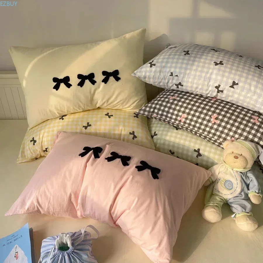Plaid Bow Knot Pillow Cover Korean Y2k Fashions Girlish Heart Blackpink Room Decor Sleeping Pillow Cover Bedroom Decoration Gift