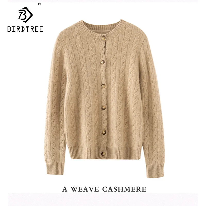 Birdtree-Woman 2024 Elegant Cardigan, Sheep Wool Cashemere, O-Neck, Twisted Fashion Sweater, Autumn Winter Knitted Coat C49005QM