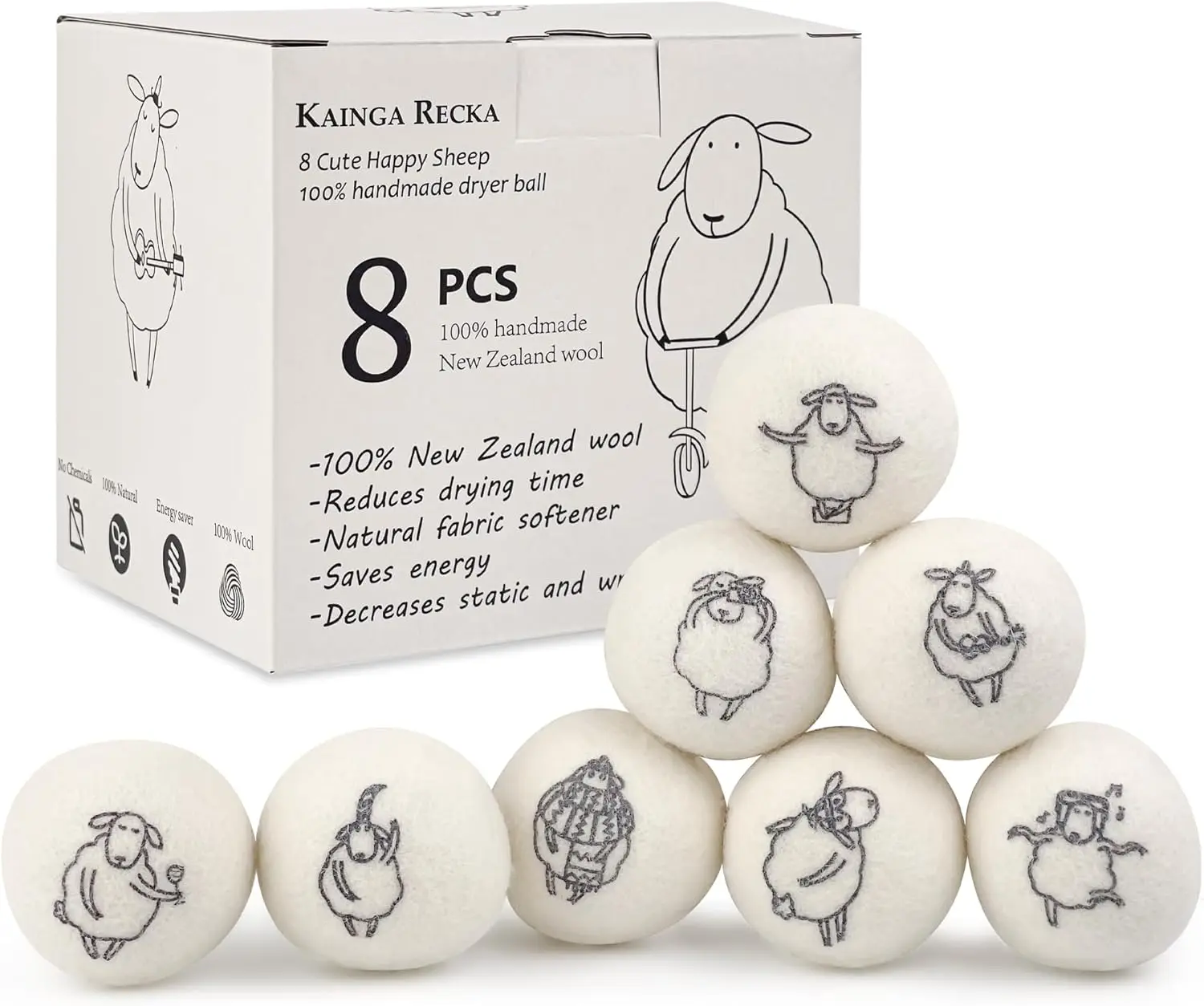 

Wool Dryer Balls, 8PCS Dryer Balls Natural & Organic, 100% New Zealand Wool Handmade, Chemical-Free Reusable Laundry Balls, Anti