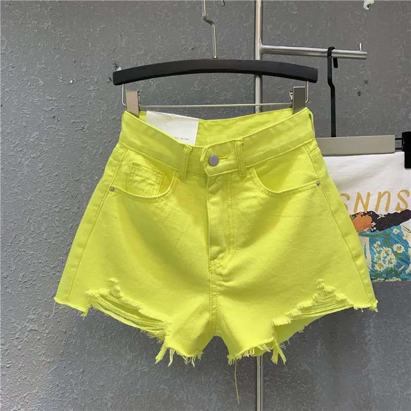 

Shorts women's candy color ripped denim shorts high waist thin green font hot pants 2022 new summer dress Korean wide