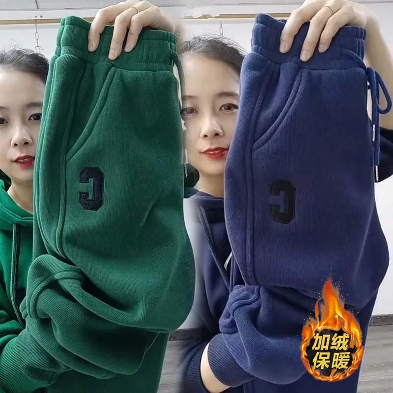 

Женские утепленные повседневные спортивные брюки на флисовой подкладке с высокой талией, зауженные, с манжетами, комфортные, осенне-зимние