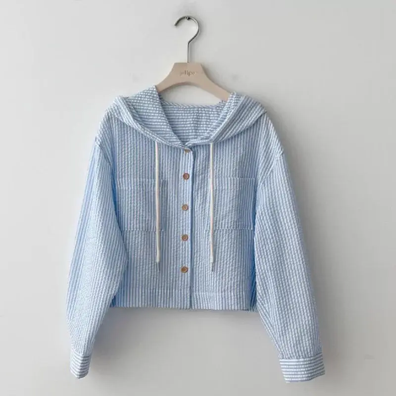 

New Summer Temperament Versatile Stripes Contrasting Color Short Loose Long-sleeved Design Casual Protection Hooded Shirt Top