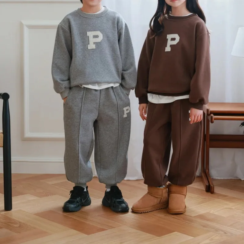 2025 Winter New Boys Girls Letter Sportswear Set Children Fleece Sweatshirt + Sweat Pants 2 Pcs Suit Kids Baby Warm Tracksuit