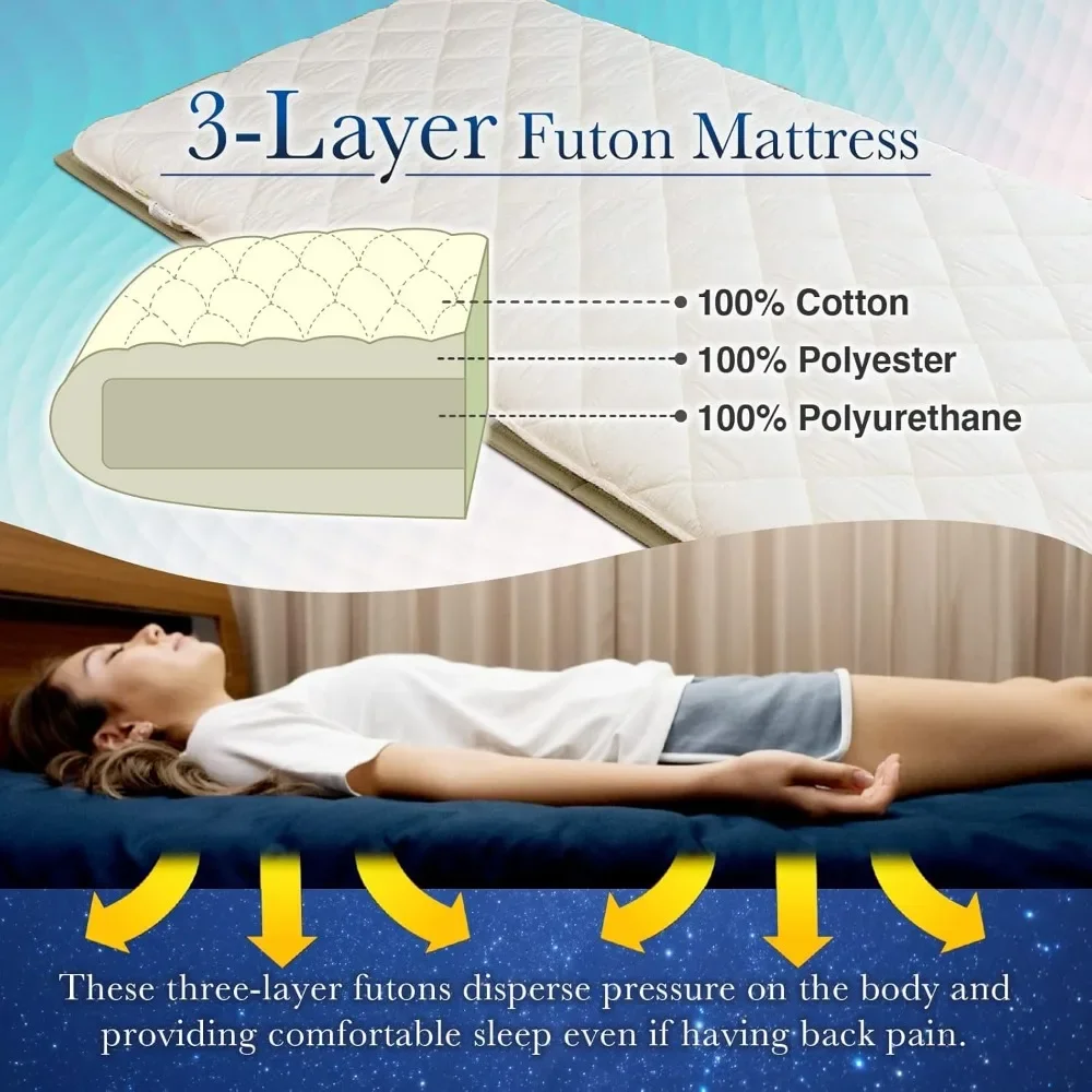 Japanese Futon Mattress, Foldable & Portable Floor Lounger Bed, Roll Up Sleeping Pad, Shikibuton, Made in Japan