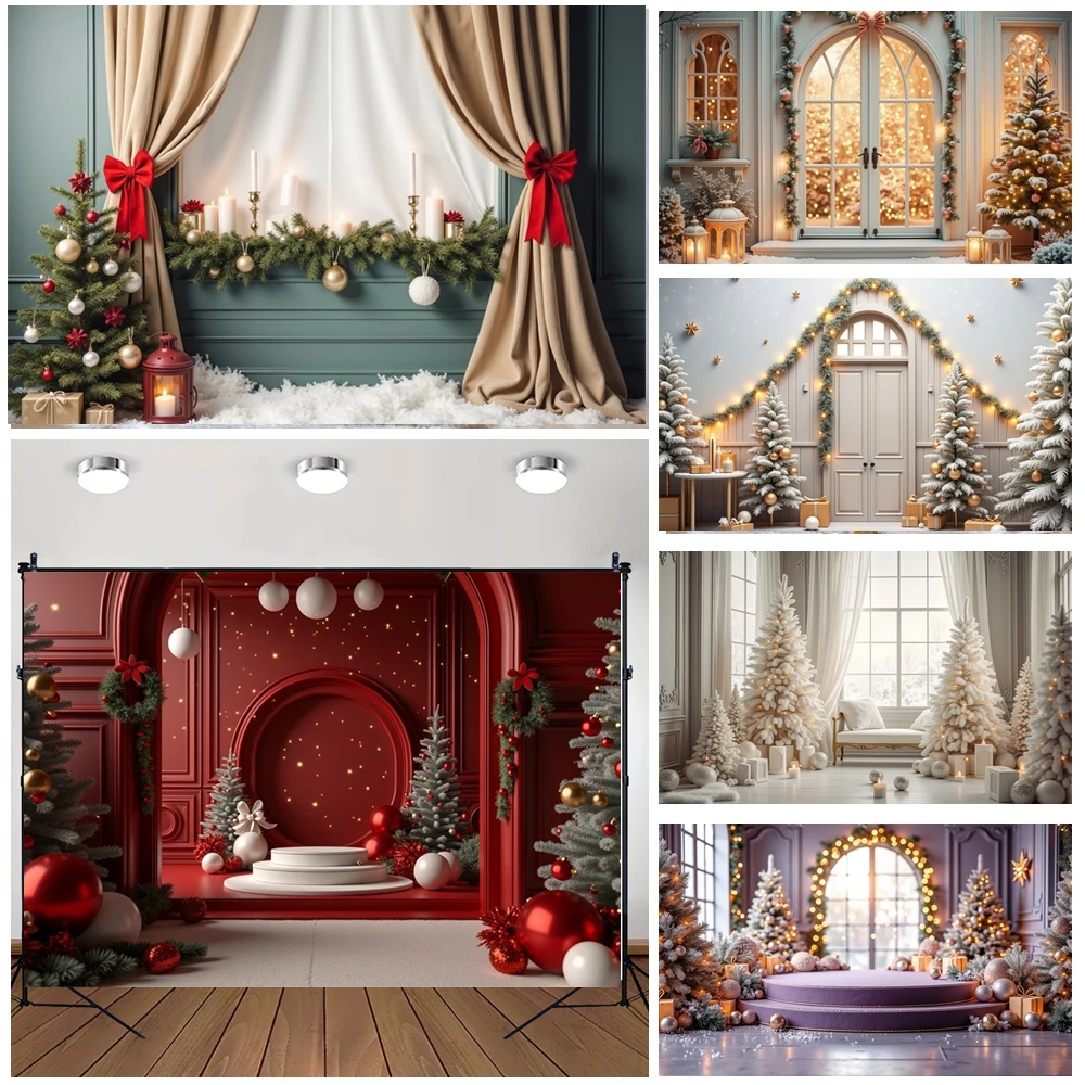 

MOON.QG Interior Christmas Gifts Background Xmas Trees Arch Window Backdrops For Photography Decorations Photozone Wallpaper