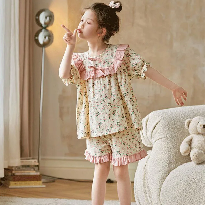 Small Floral Pattern Pajama Set Princess Style Summer Thin Girls\' Pajamas Short Pants Children\'s Home Clothes Two Piece Set