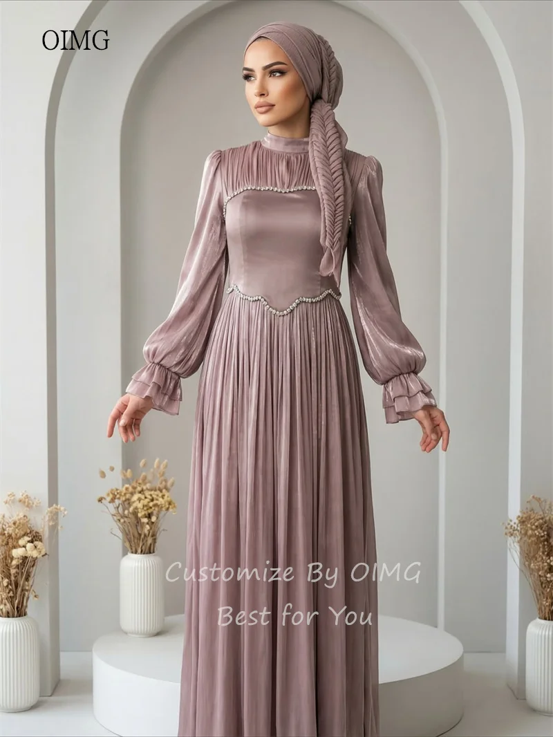 OIMG Modesto collo alto A Line abiti da ballo Eid maniche a lanterna abito da festa pieghettato abito da sera lungo fino al pavimento saudita personalizzato