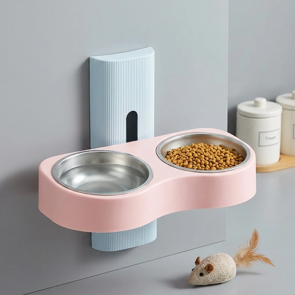 Wandmontierter Doppel-Futternapf für Haustiere, abnehmbares, höhenverstellbares Design, platzsparend, zwei Näpfe für Katzen