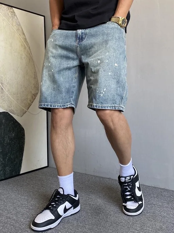 

Retro Loose Fit Men's Denim Shorts Casual Paint Splatter Style Summer New Five-Point Pants Straight Leg mid Waist Zipper