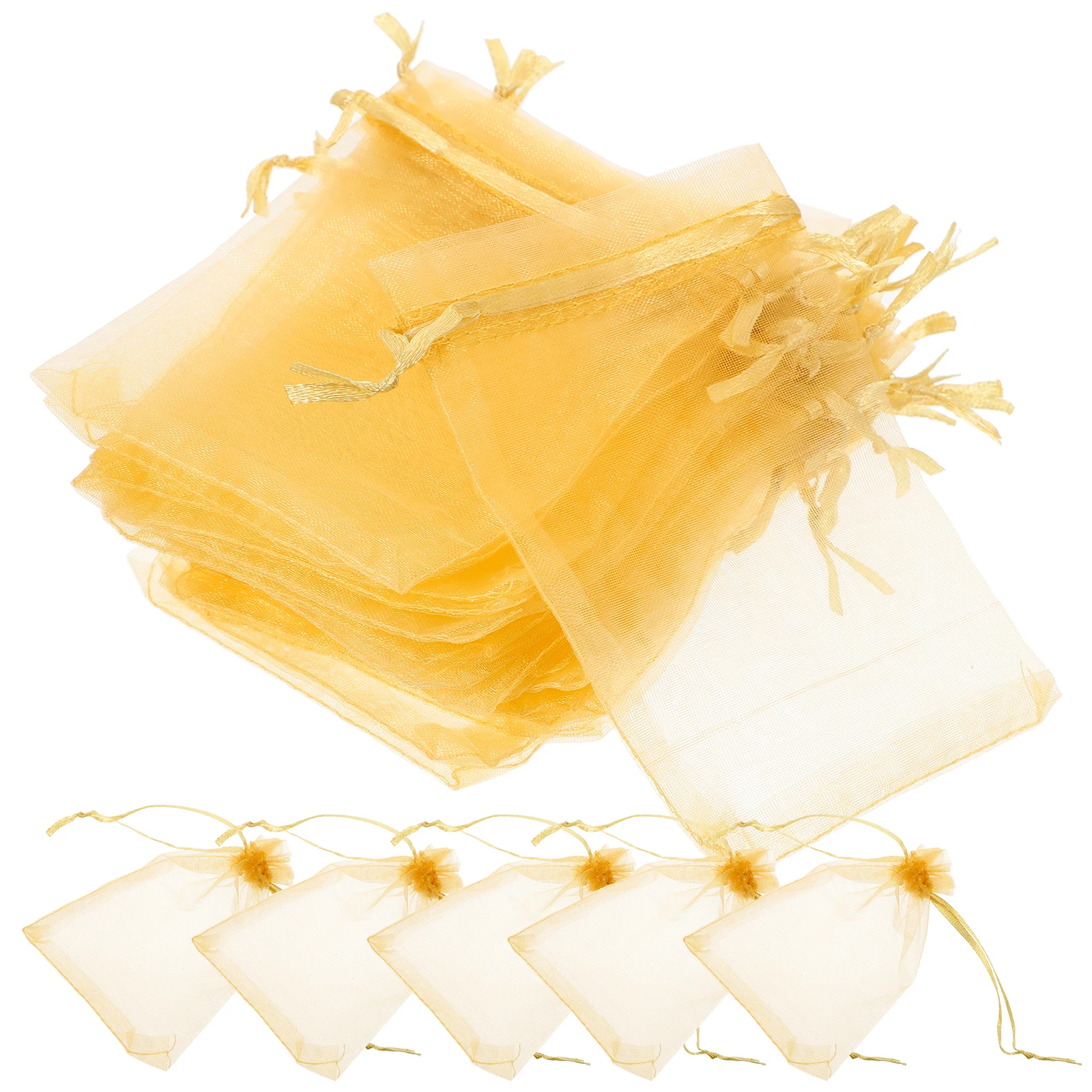 

100pcs Gift Set Small Drawstring Organza Bags Golden Favor Mini Bracelet Pouches Candy Packing Party Favors Decorative Mesh