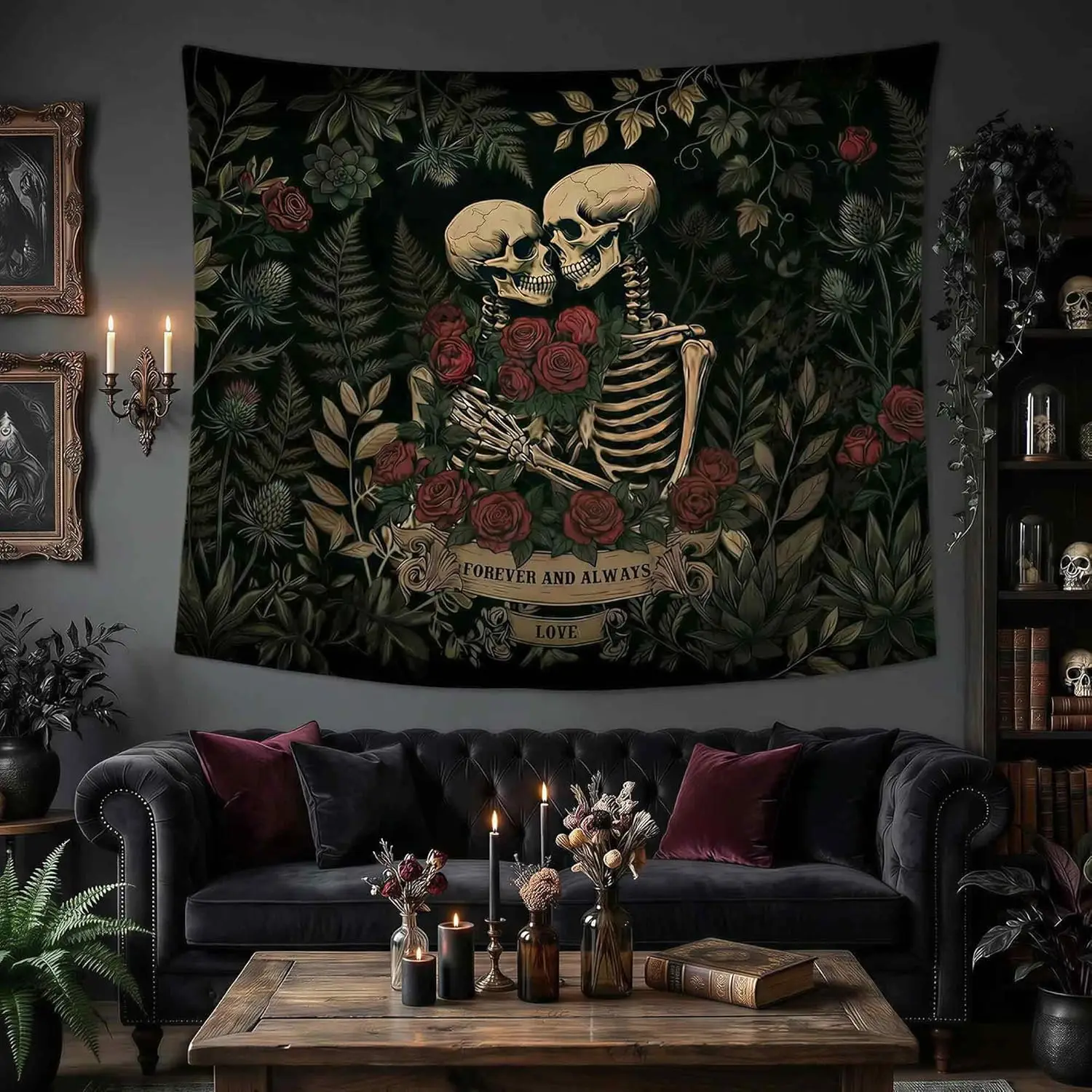 Skeleton Lovers Floral Valentines Wall Tapestry Hanging for Bedroom, Vintage Gothic Skull Rose Banner Tapestries, Black Goth