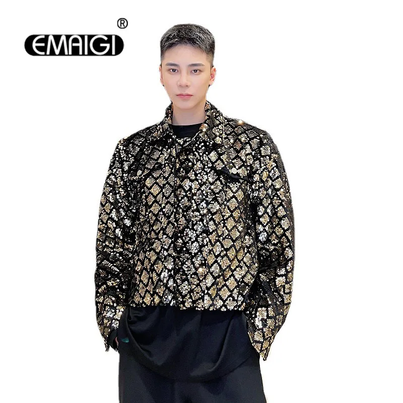 Men's Velvet Embroidery Sequins Vintage Short Jacket Singer Stage Fashion Show Clothing Man Korean StreetwearCasual Coat Top