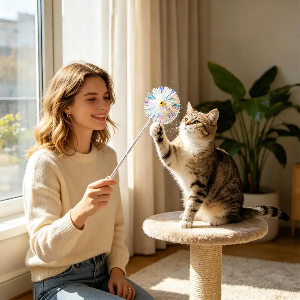 Cat Teaser Wand Glitter Cat Toy Kitten Interactive Rod Tassel Cat Teaser Wand Toys Funny Stick Pet Toy Firework Shape Cat Toy