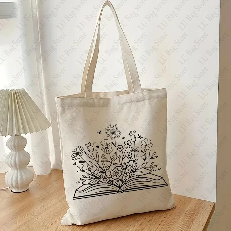 Boek En Bloemenpatroon Canvas Bagagetas Boek Liefhebber Cadeau Tassen Mode Bagage Tas Eenvoudige Print Boodschappentassen Voor Dagelijks