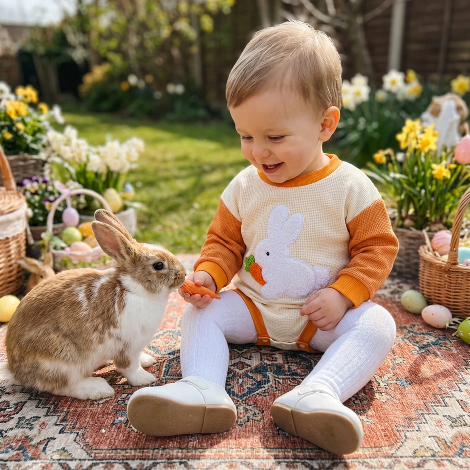 Infant Boys Girls Easter Romper Cute Bunny Carrot Embroidery Long Sleeve Crew Neck Spring Jumpsuit