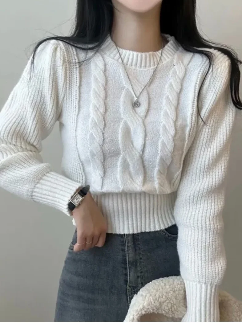 

Chic Autumn Winter ort Knitted Sweater Women's Slimming Waist Design Twist Flower Knit Top Warm Cozy Faionable Commute Sle