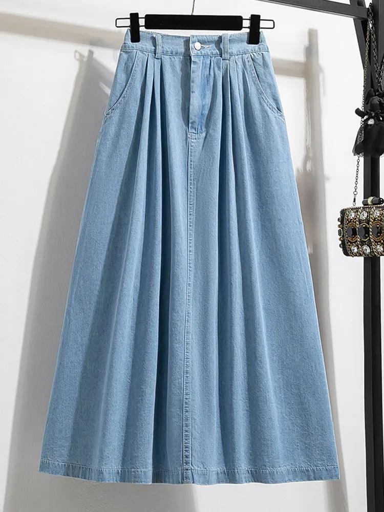 Women's High Elastic Waist Denim Skirt A Line Midi Jeans Skirts Blue Sky Blue Color Korean Fashion, Plus Size, Autumn, New, 2025