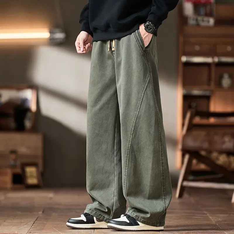 Trendy American Deconstructed Waed Straight Leg Workwear Pants Men Retro Loose Faion Wide Leg Long Trousers  Men's Pants