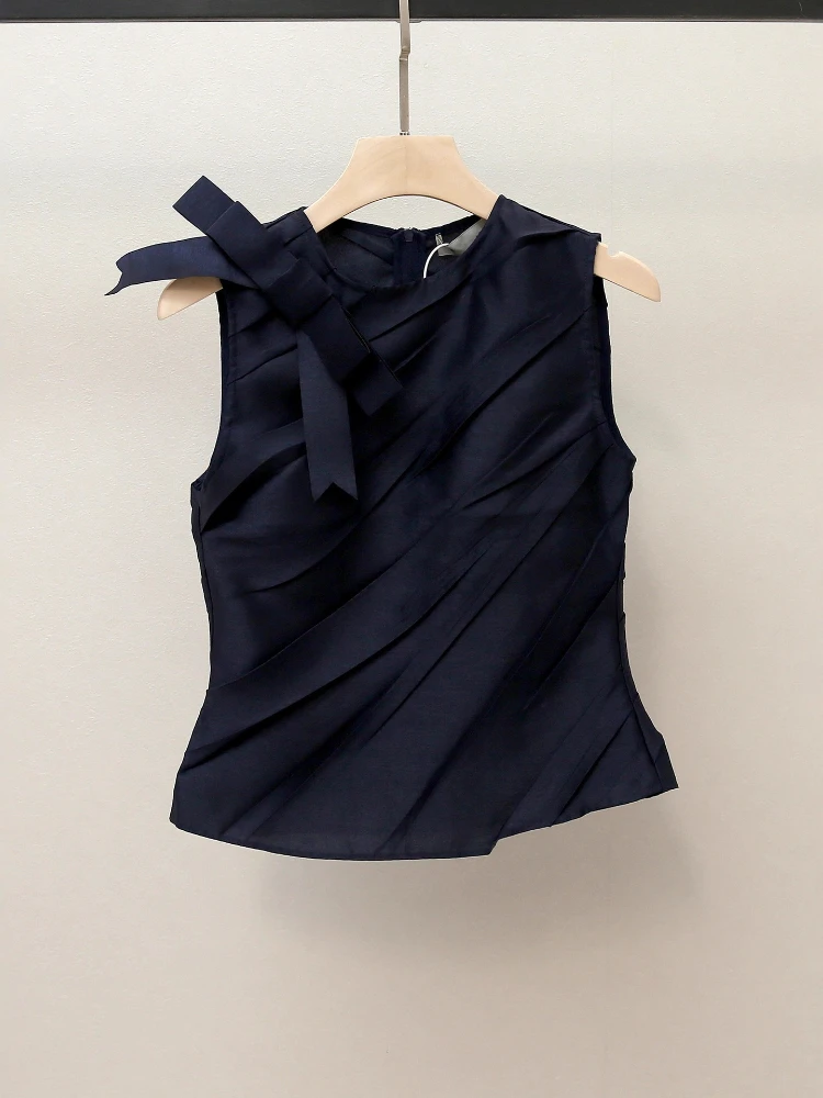 High End Women's Autumn New Item Qianjin Wind Pressure Pleated Vest Top Embroidered Mid Length Skirt Set