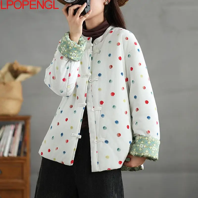 2024 New Woman Autumn And Winter Polka Dots New Chinese Cotton Padded Jacket Down Long Sleeve Single Breasted Wide-waisted Coat