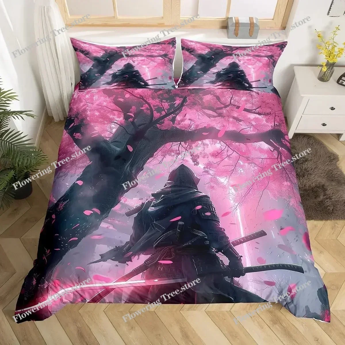Japanese Samurai Bedding Set Full Size Cherry Blossoms Comforter Cover Red Sun Hokusai Duvet Cover Fuji Mountain Quilt Cover519