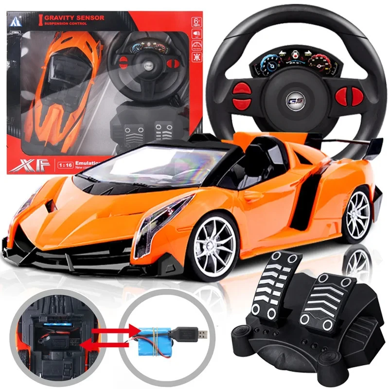 

1:16 Steering Wheel Gravity Sensor Remote Control Car with Foot Pedal Four-way High-speed LED Lights Drift Electric RC Car Toy