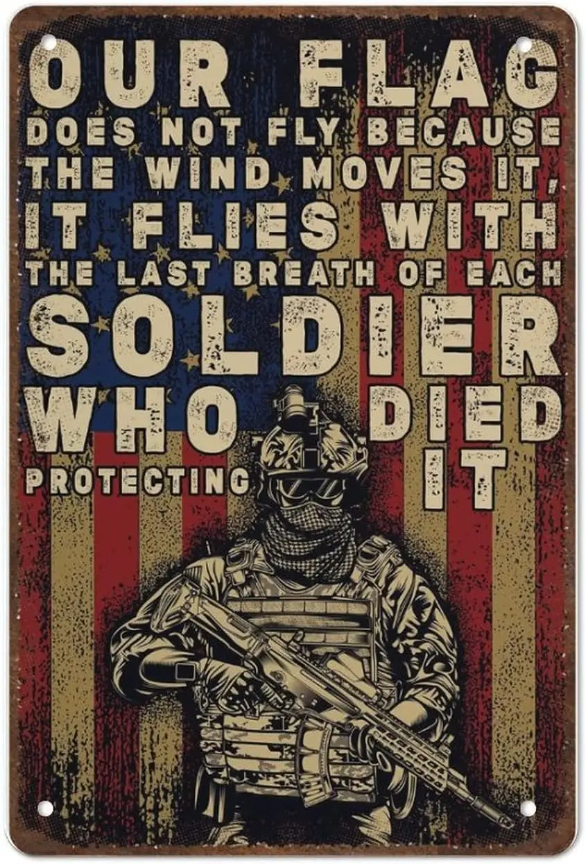 Lata de metal vintage divertida con la frase: Nuestra bandera no se mueve por la brisa, sino que el viento la mueve. Patriótico americano militar para soldados, veteranos y el ejército.