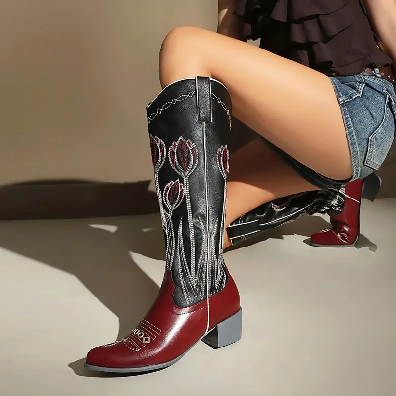 SIMLOVEYO Black Western Cowboy Boots Pointed Toe 4.5cm Block Heel Slip On Mixed Color Embroider Big Size 41 42 43 Footwear