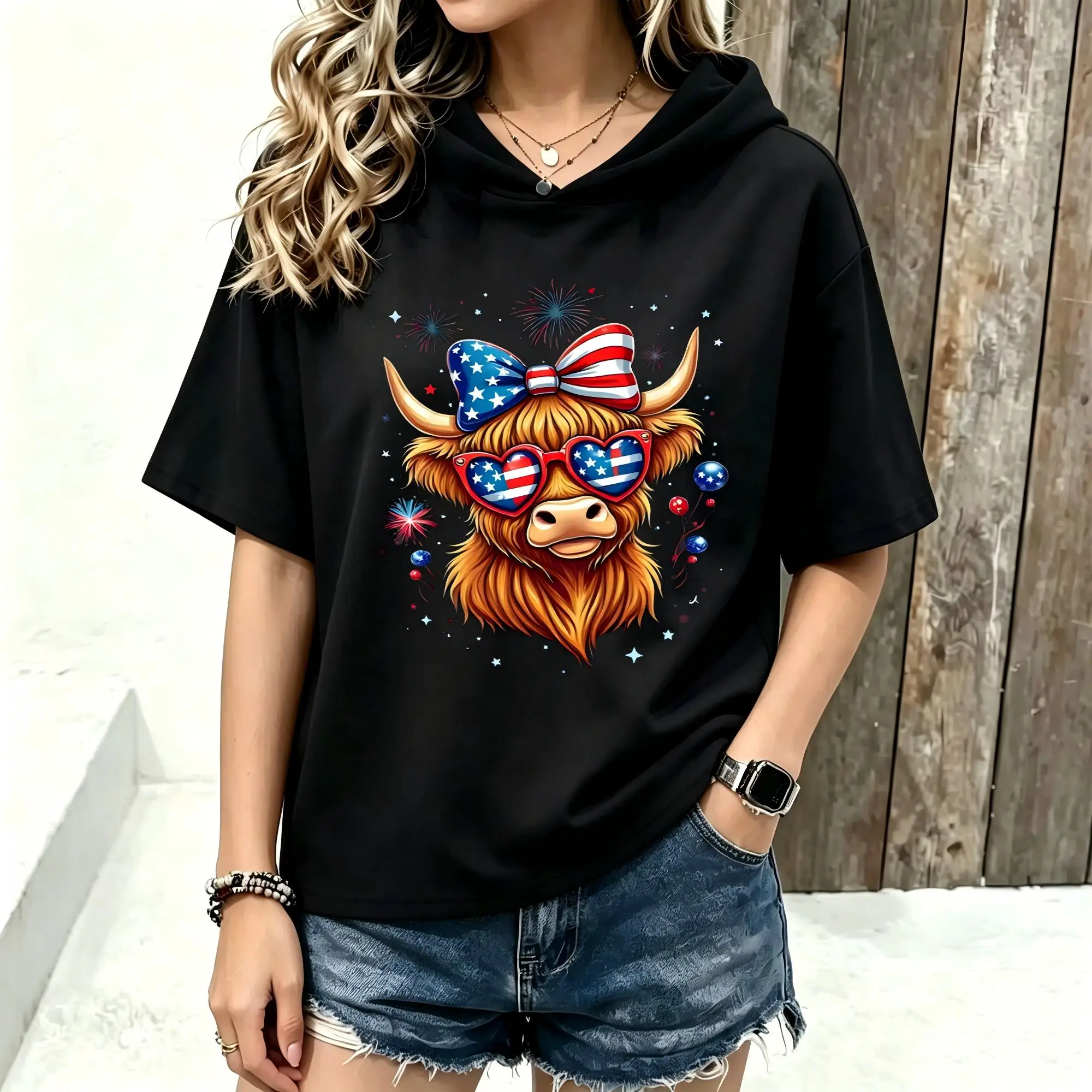 Plus Size Patriotic Highland Cow USA Flag Fashion Glasses 4th of July Short-sleeved hoodie Pure Cotton Breathable Tees for Staying Cool in Spring Summer Suitable for both men and women Everyday Wear And Celebration