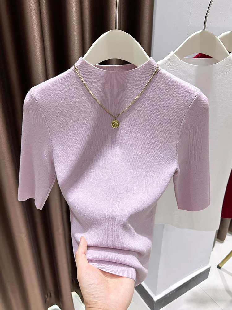 

Soft Purple T-irt Women's Mid-Sve High Ne Slim Fit Base irt Lyocell Silk Body ape Highlighting Casual Sle Top