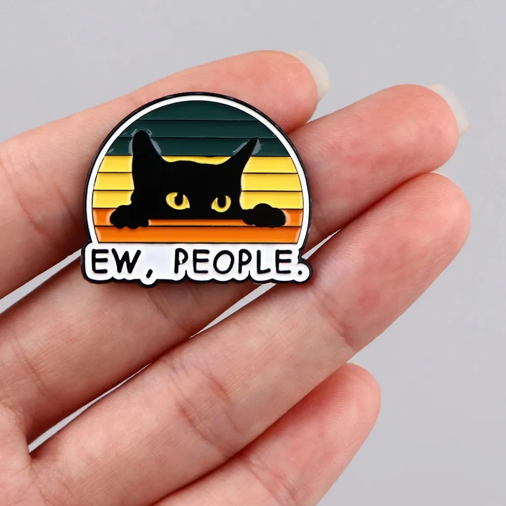 Ew,People Funny Black Cat Enamel Brooches For Women Men Lapel Pin Badge On Backpack Costume Accessories Jewelry for Friend Gifts