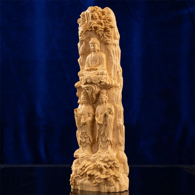 

23cm Western Three Saints Wood Carving Solid Creative Chinese Buddha Statue Feng Shui Peace room decoration