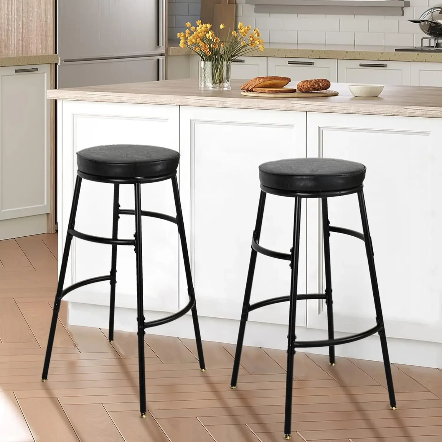 

Stools Set of 2, Kitchen Round Bar Chairs with Footrest, Industrial Pub Stools, Sturdy Steel Frame, Adjustable Feet