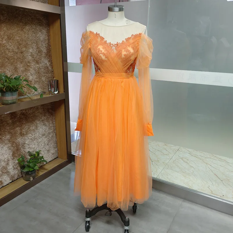 Vestido de tule com gola O para mulheres, comprimento chá, mangas compridas, ilusão, vestido de noite formal, baile e festa, princesa, 2024