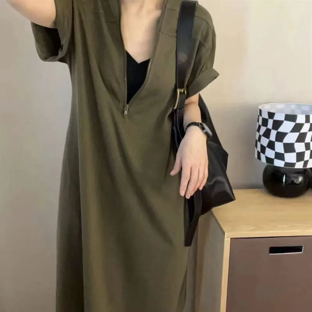 

All Match V Neck Loose Dress Women Zipper Streetwear Simple Long Dress Long Skirt Solid Color Large Size Dress Girls
