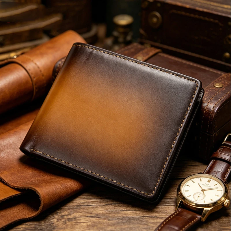 Men's Genuine Leather Vintage Wallet RFID Blocking Billfold Multi Card Slots 2 Fold Purse for US Dollar Bills