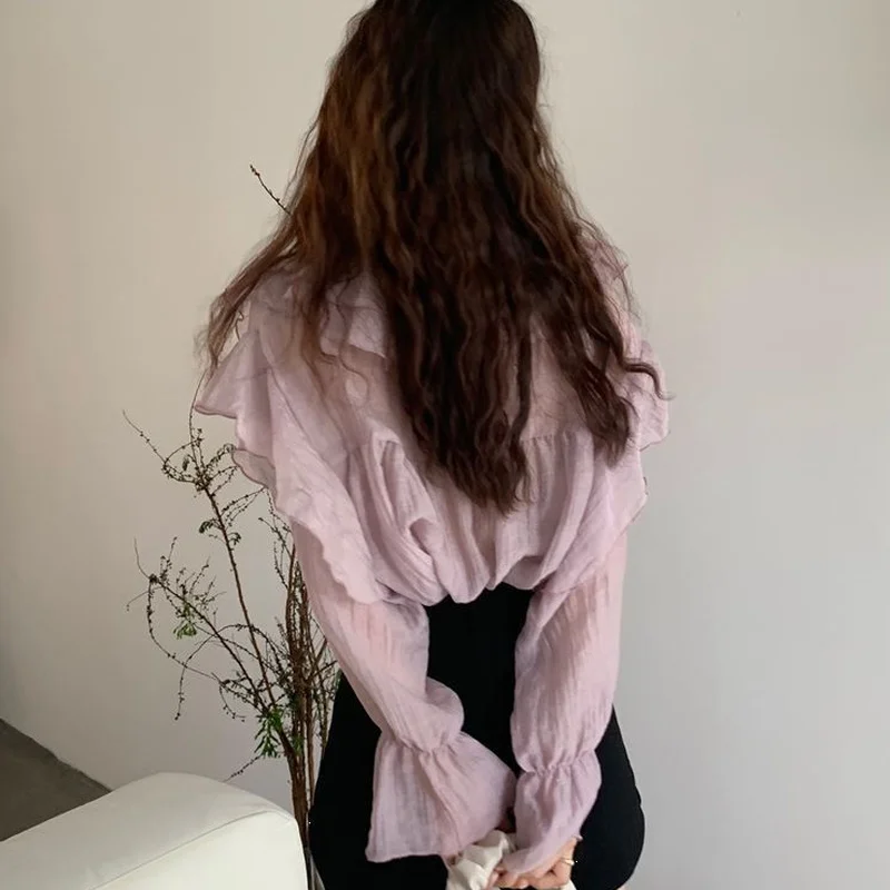 Blouses Women Elegant Ruffles Design French Style Tender Trendy Office Lady Chiffon Simple Solid Ropa Mujer Spring Loose Chic