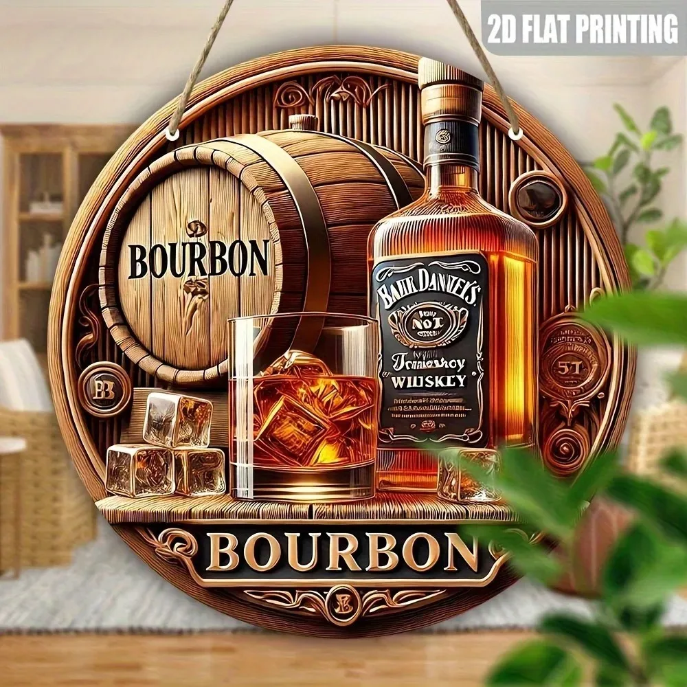Letrero de Whisky Bourbon de 8x8 Pulgadas, Decoración Colgante de Madera Artificial Vintage para Interiores y Exteriores