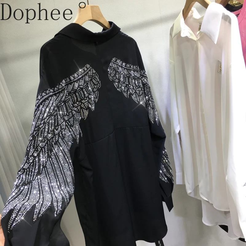 Heavy Luxury Large Wings Diamonds Loose Women Blouses Cardigans Top Long Sleeve Sunscreen Shirt Mid-length Hot Drilling Shirts