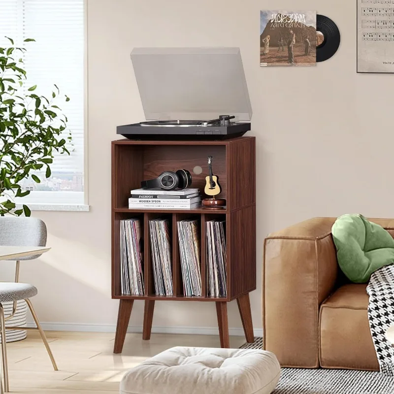 Record Player Stand, Walnut Turntable Stand Holds 160 Albums, Mid-Century Vinyl Record Storage Cabinet with Solid Wood Legs