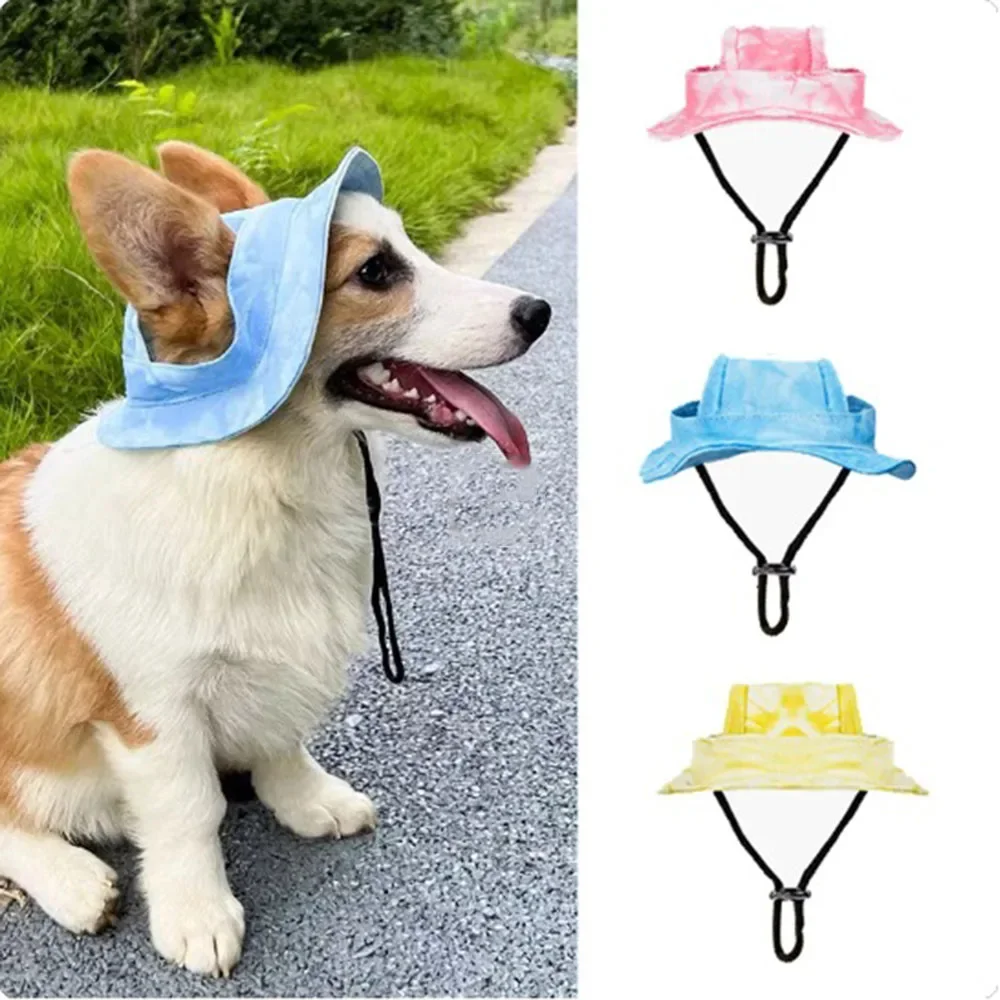 Summer Dog Hat with Ear Holes for Small Medium Dogs Cats Tie Dye Sunscreen Baseball Cap Outdoor Adjustable Pet Grooming Outfits