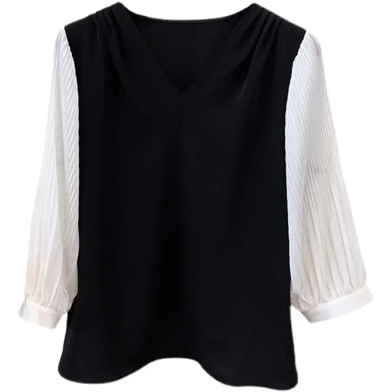 

Модная осенняя свободная блузка с цветными блоками, высококачественная лоскутная рубашка с рукавами 3/4, темпераментный шифоновый пуловер, рубашка 2025 ZT125