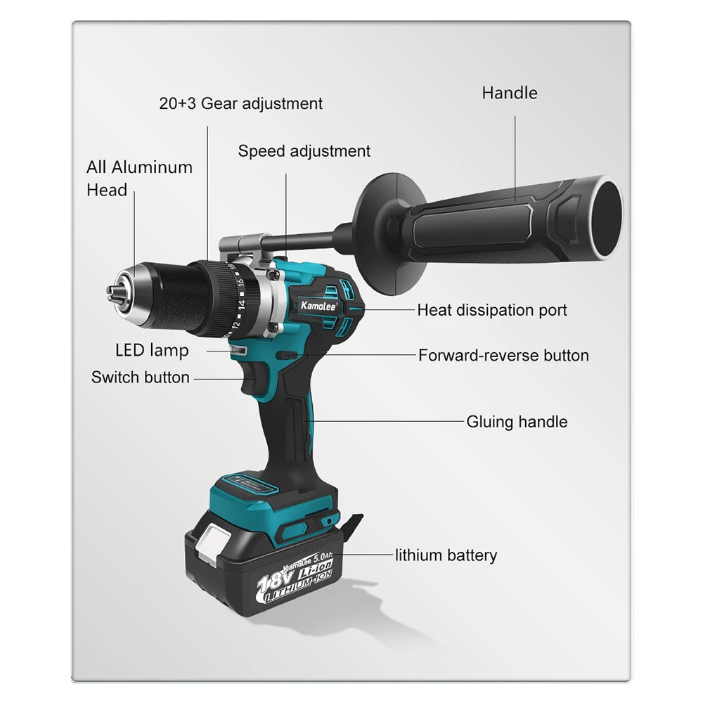 Kamolee 13mm Pro Large Torque 650NM Brushless Electric Impact Drill 3 in 1 Electric Cordless Screwdriver For Makita 18v Battery