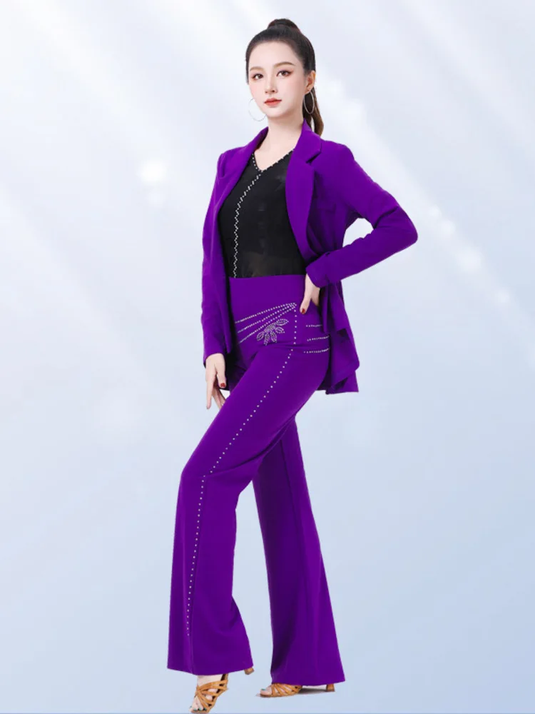 

Rhinestones Ballroom Waltz Competition Dancewear Classical Dance Large Lapel Standard Jacket Luxury Jazz High Waist Latin Pants